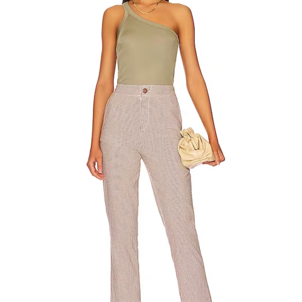 Free People Kate Plaid Straight Leg Checkered Pant Trouser, Tan/Brown and White